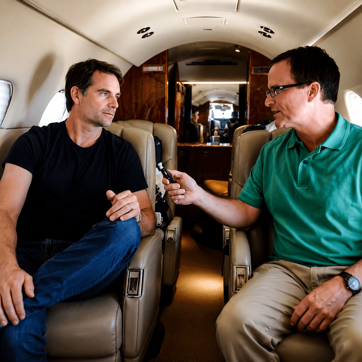 Joe Garner interviewing a guest aboard a private plane